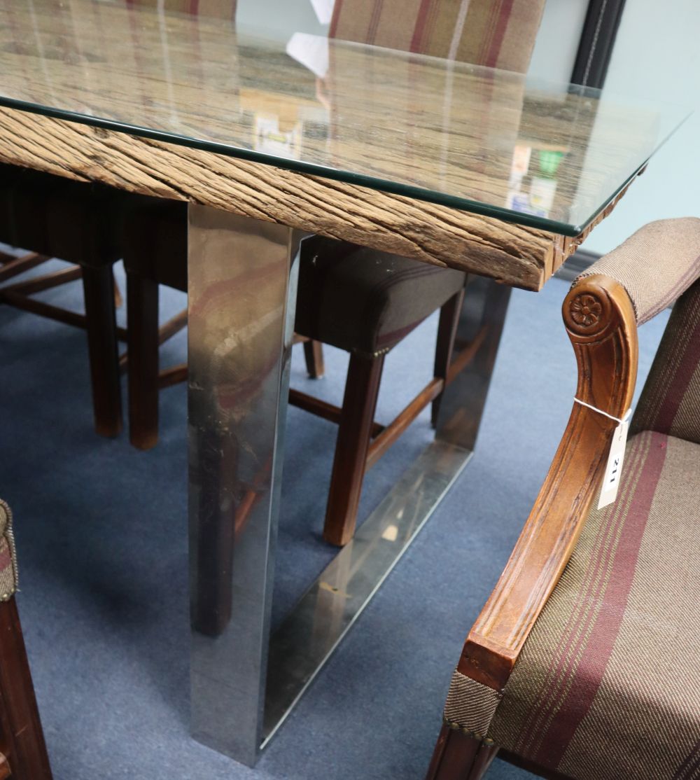 A contemporary Barker & Stonehouse Caspian driftwood and chrome rectangular dining table, width 245cm, depth 105cm, height 78cm